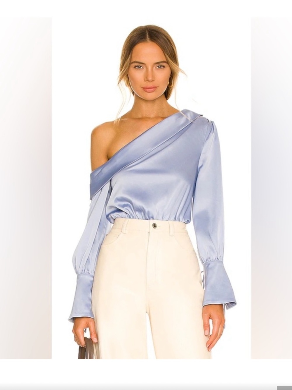 Camila Coelho Asymmetric One-Shoulder Satin Blouse in Light Blue